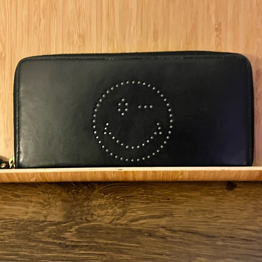 Black Leather Anya Hindmarch Emoji long wallet. - Picture 2 of 12